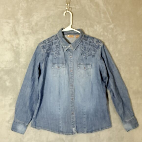 Wrangler Denim L Shirt Long Sleeve Embroidered Snap Chambray Western Floral - Picture 2 of 7